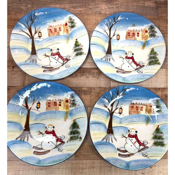 StoneLite Snowman Winter Scene Plates Set Of 4 - Picture 1 of 5
